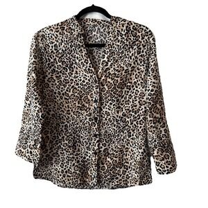Leopard Print Linen Cotton Collarless Button Up Blouse M Boho Chic Western Edgy
